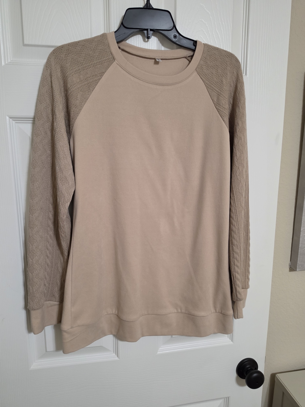 Amazon Women's Beige Crewneck Sweatshirt with Textured Knit Raglan Sleeves